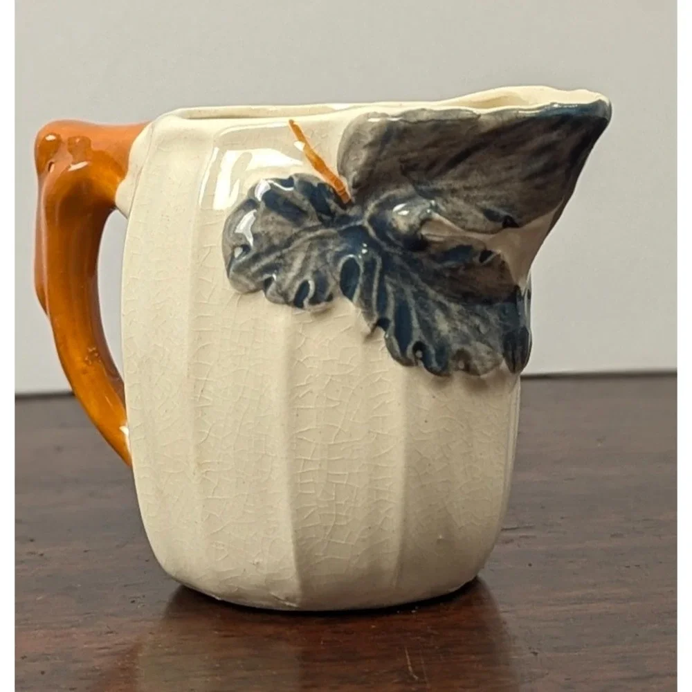 Vintage 1965 Art Pottery Creamer Pitcher Brown Handle Raised Leaf Design 3.5